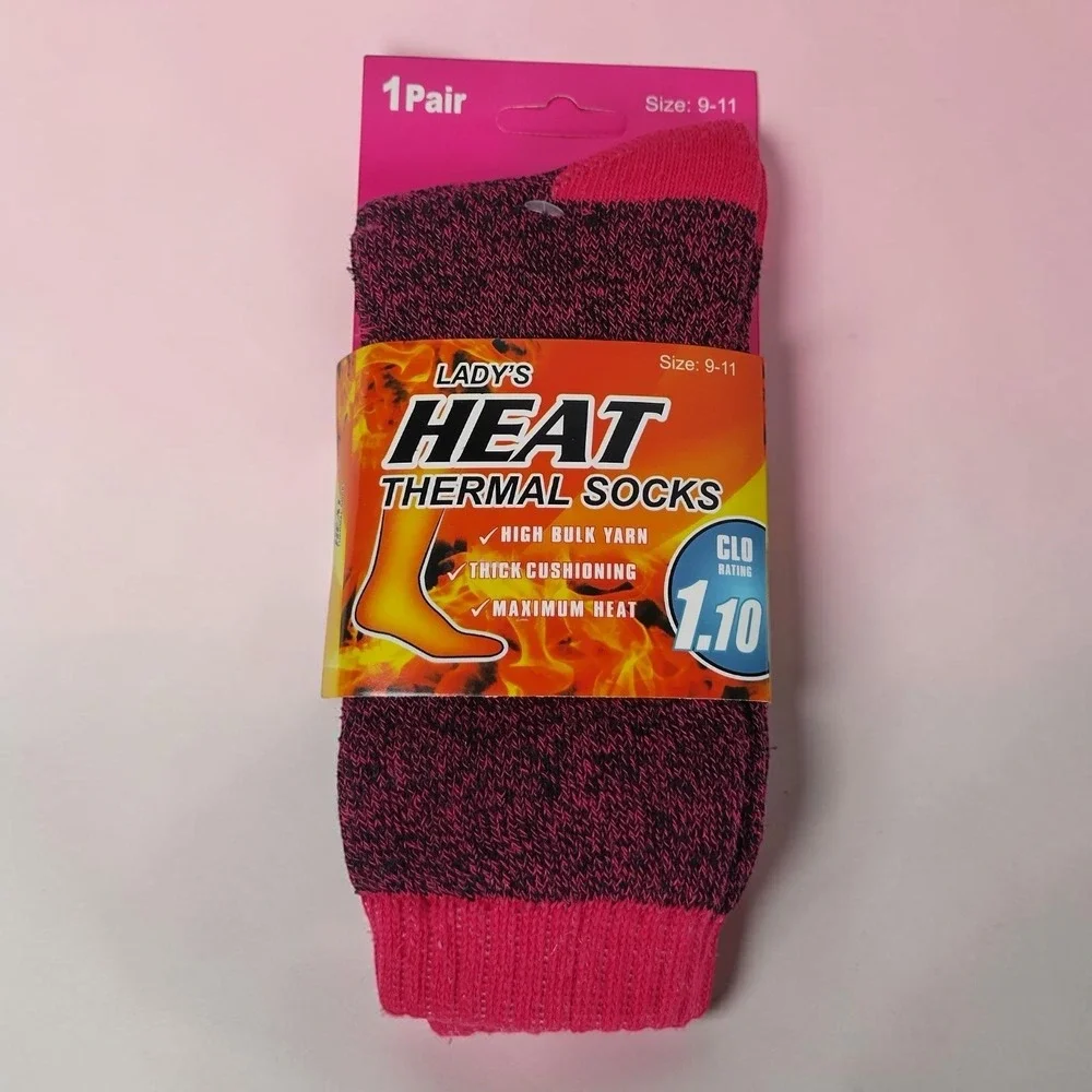 Lady's Heat Thermal Socks Pink Black Marl Wool Blend Thick Winter 1 Pair 9-11